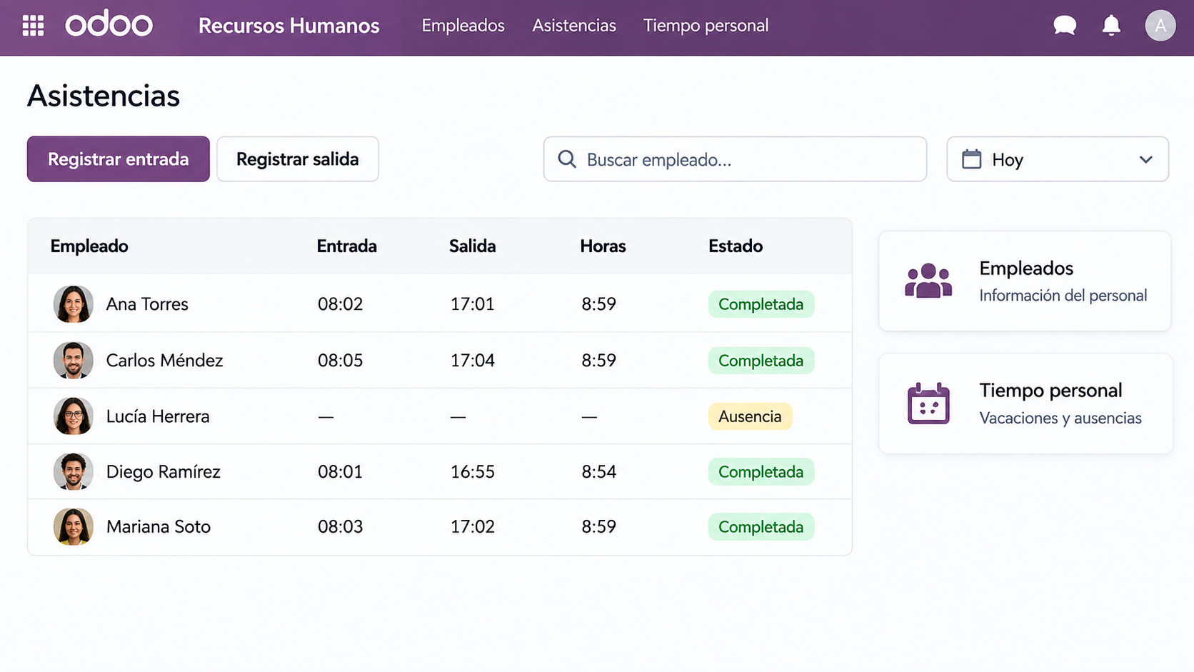Ilustración conceptual de empleados, asistencias y ausencias en Odoo; no es una captura real del sistema.